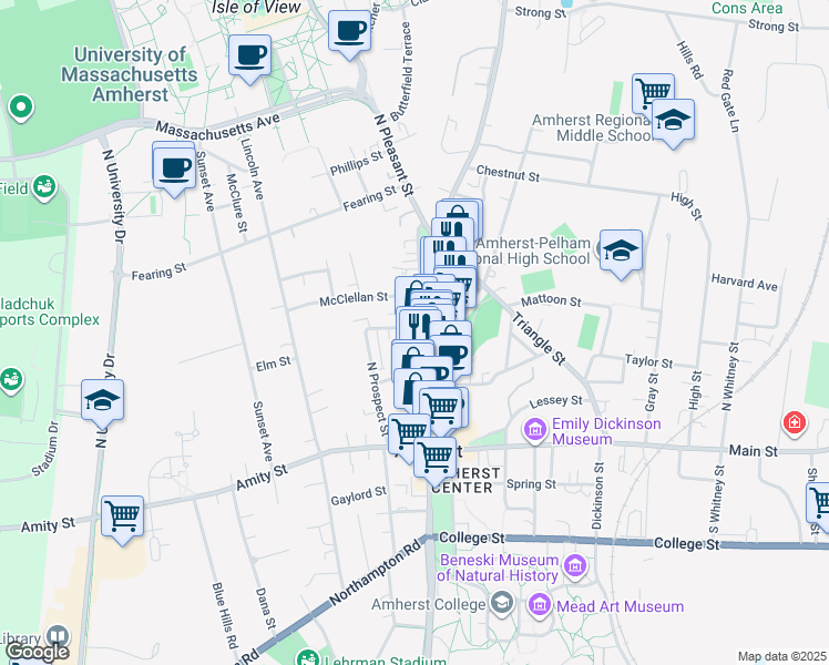 map of restaurants, bars, coffee shops, grocery stores, and more near 256 North Pleasant Street in Amherst