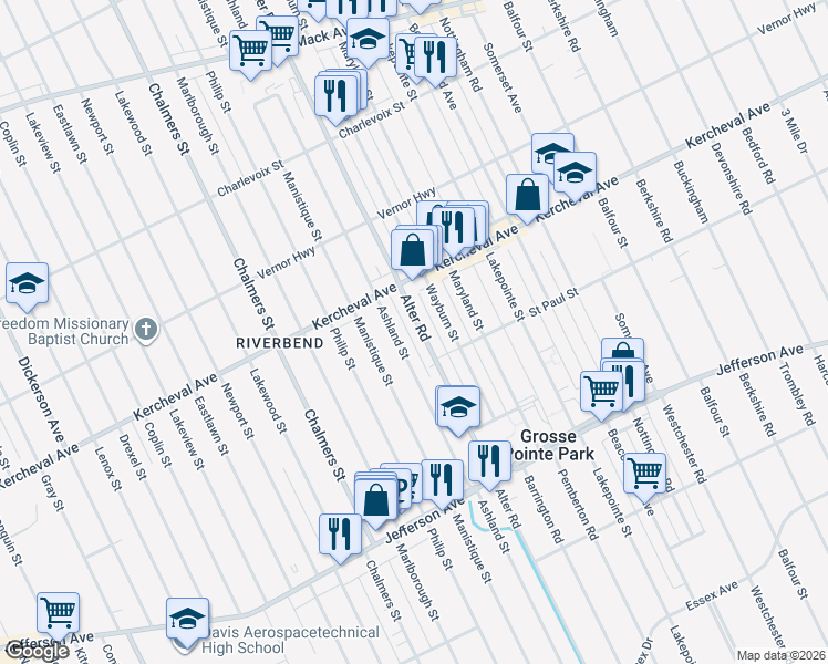 map of restaurants, bars, coffee shops, grocery stores, and more near 1596 Alter Road in Detroit