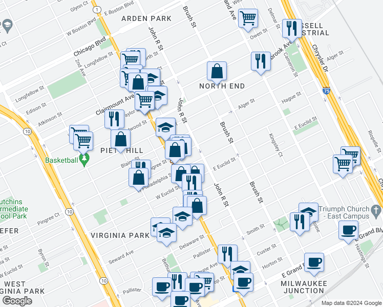 map of restaurants, bars, coffee shops, grocery stores, and more near 81 Hague Street in Detroit