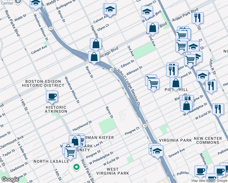 map of restaurants, bars, coffee shops, grocery stores, and more near 1181 Atkinson Street in Detroit