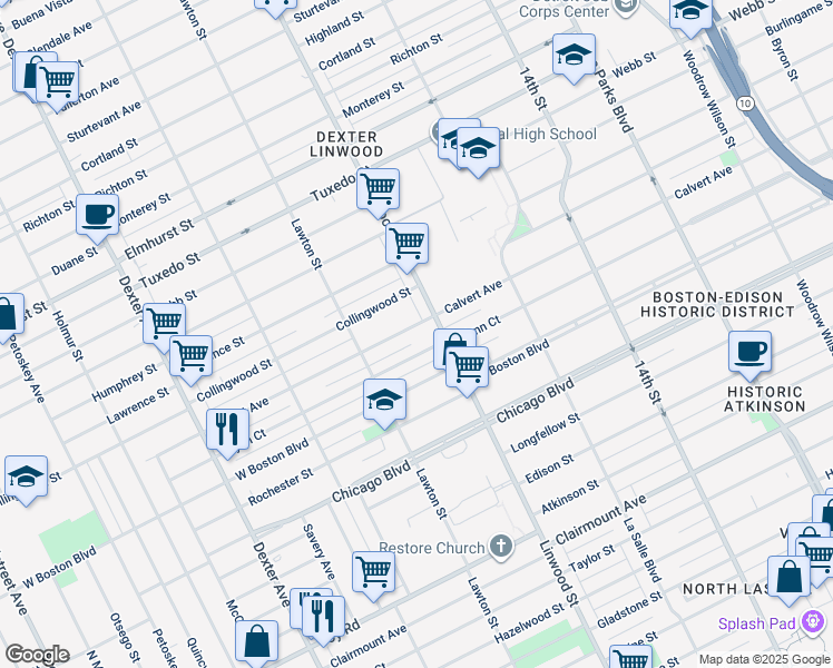 map of restaurants, bars, coffee shops, grocery stores, and more near 2636 Calvert Avenue in Detroit