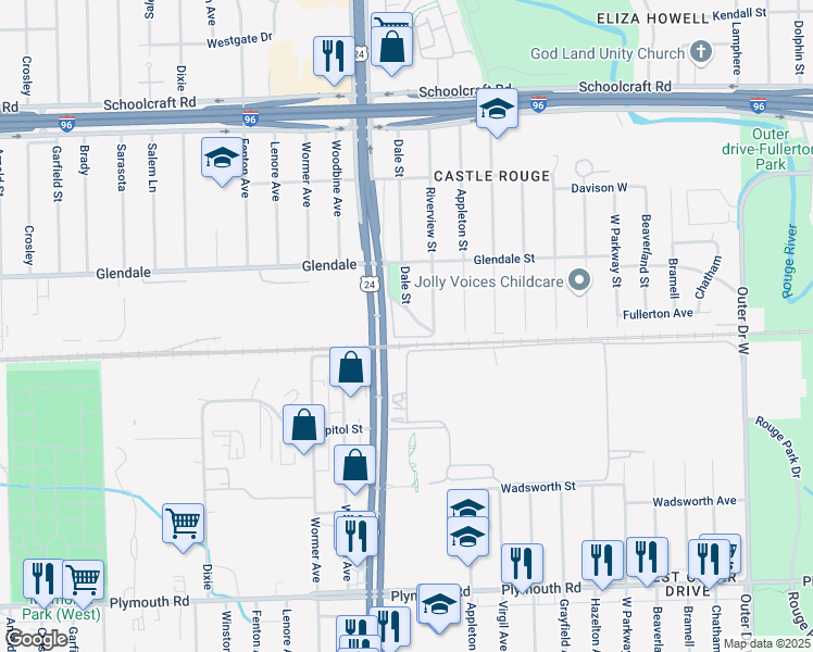 map of restaurants, bars, coffee shops, grocery stores, and more near 12698 Dale Street in Detroit