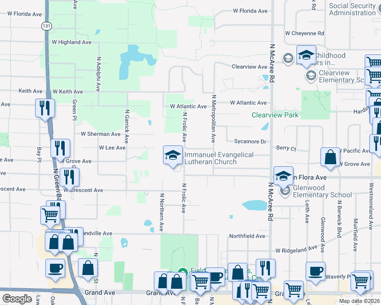 map of restaurants, bars, coffee shops, grocery stores, and more near 2826 Lee Avenue in Waukegan