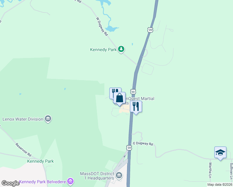 map of restaurants, bars, coffee shops, grocery stores, and more near 10 Evergreen Trail in Lenox