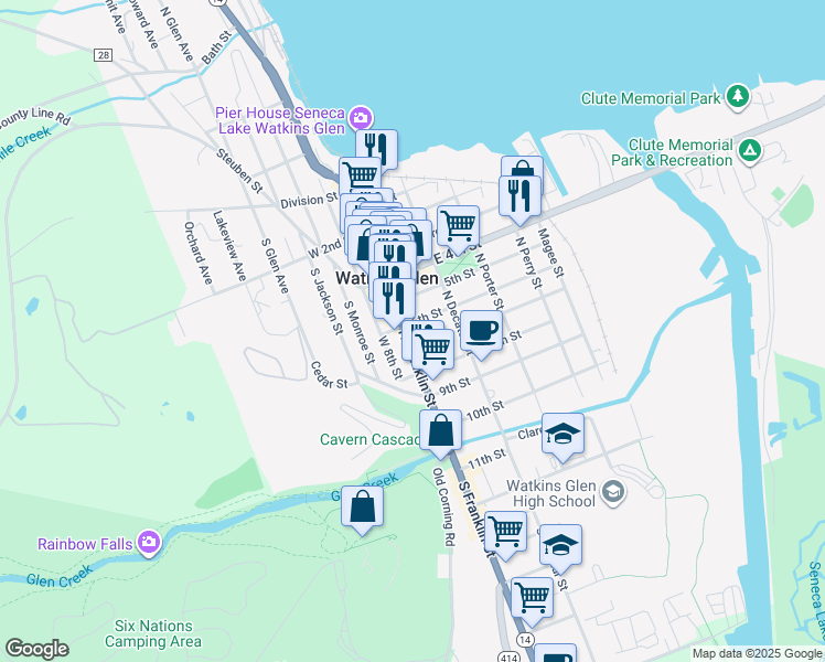 map of restaurants, bars, coffee shops, grocery stores, and more near 600 North Franklin Street in Watkins Glen