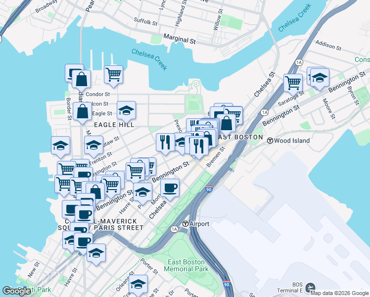 map of restaurants, bars, coffee shops, grocery stores, and more near 360 Saratoga Street in Boston