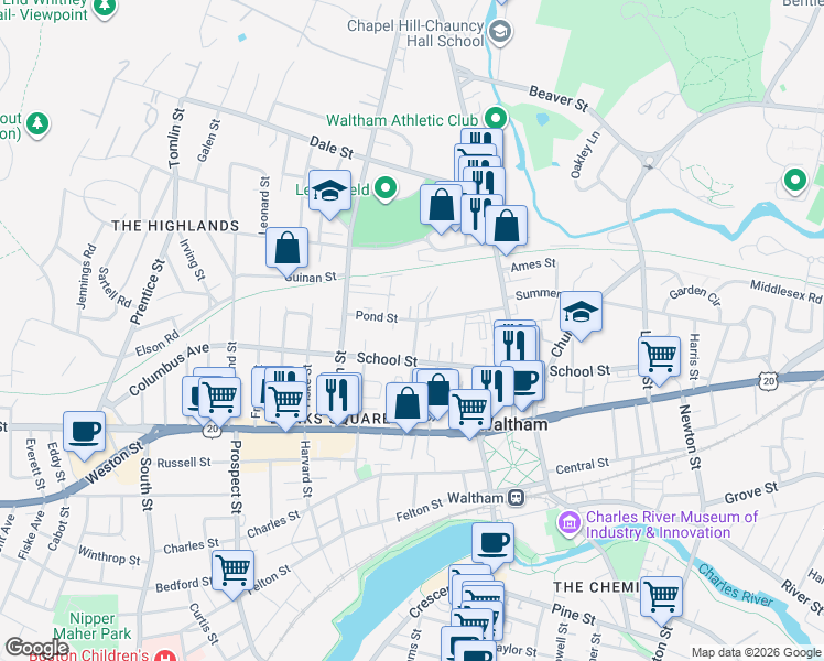 map of restaurants, bars, coffee shops, grocery stores, and more near 82 Exchange Street in Waltham