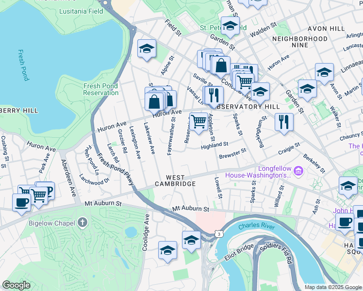map of restaurants, bars, coffee shops, grocery stores, and more near 25 Reservoir Street in Cambridge