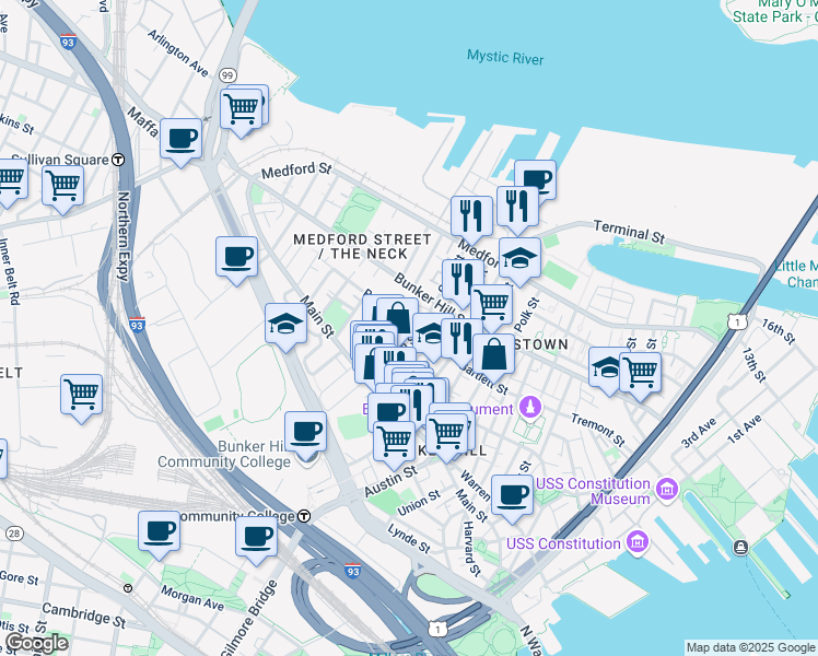 map of restaurants, bars, coffee shops, grocery stores, and more near 99 Bartlett Street in Boston