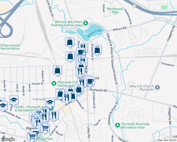 map of restaurants, bars, coffee shops, grocery stores, and more near 696 North Mill Street in Plymouth