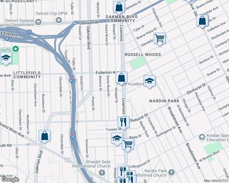 map of restaurants, bars, coffee shops, grocery stores, and more near 12211 Stoepel Street in Detroit