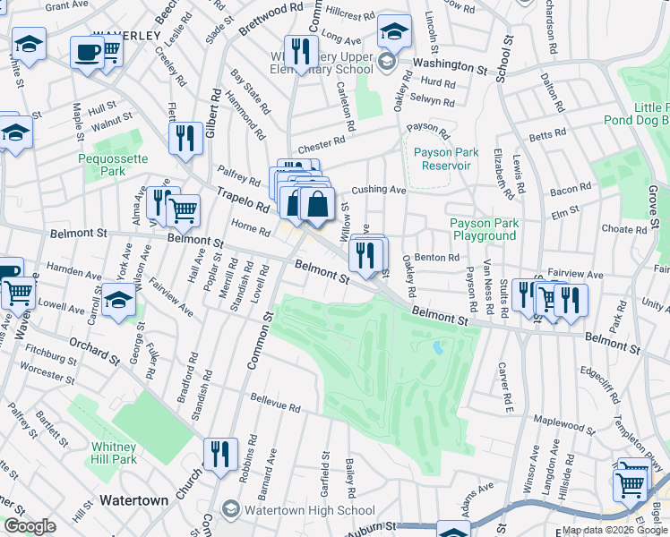 map of restaurants, bars, coffee shops, grocery stores, and more near 48 Trapelo Road in Belmont