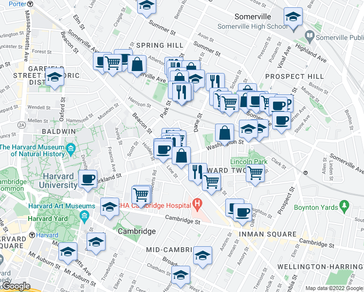 map of restaurants, bars, coffee shops, grocery stores, and more near 4 Durham Street in Somerville