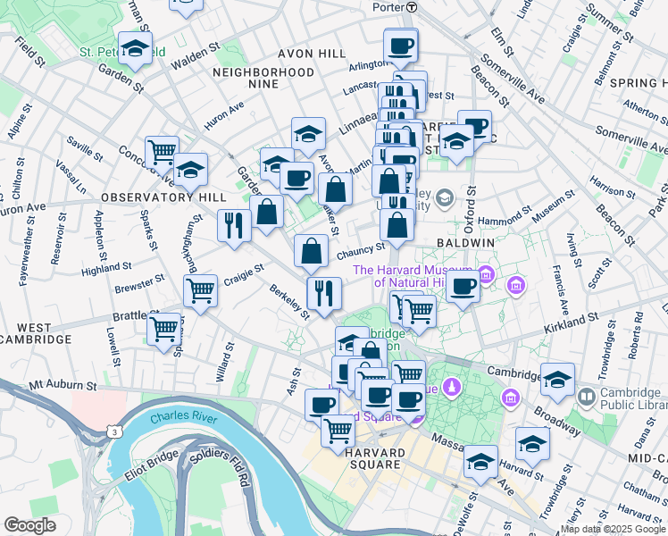 map of restaurants, bars, coffee shops, grocery stores, and more near 18 Chauncy Street in Cambridge