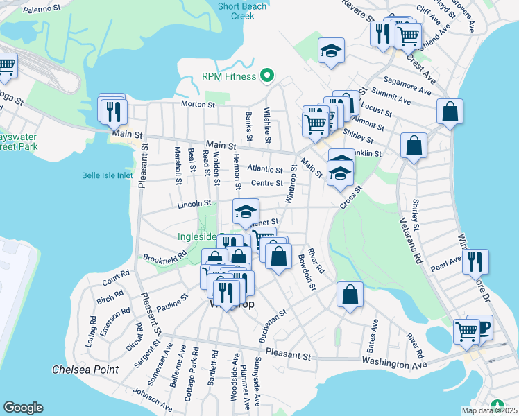 map of restaurants, bars, coffee shops, grocery stores, and more near 33 Cora Street in Winthrop