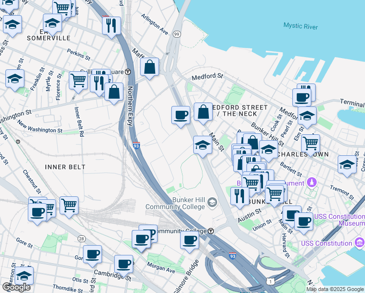 map of restaurants, bars, coffee shops, grocery stores, and more near 420 Rutherford Avenue in Boston