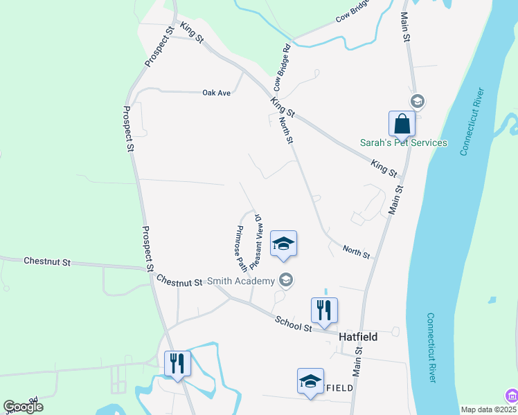 map of restaurants, bars, coffee shops, grocery stores, and more near 22 Pleasant View Drive in Hatfield