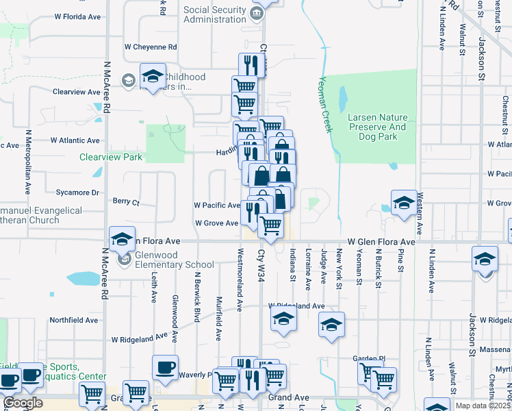map of restaurants, bars, coffee shops, grocery stores, and more near 1405 Westmoreland Avenue in Waukegan