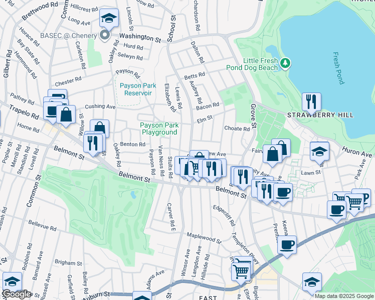 map of restaurants, bars, coffee shops, grocery stores, and more near 537 School Street in Belmont
