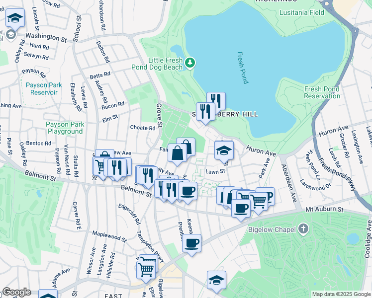 map of restaurants, bars, coffee shops, grocery stores, and more near 15 Fairview Avenue in Cambridge
