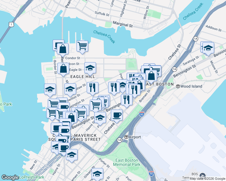 map of restaurants, bars, coffee shops, grocery stores, and more near 212 Princeton Street in Boston