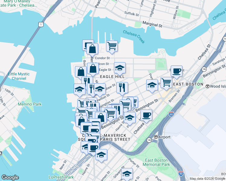 map of restaurants, bars, coffee shops, grocery stores, and more near 66 Eutaw Street in Boston