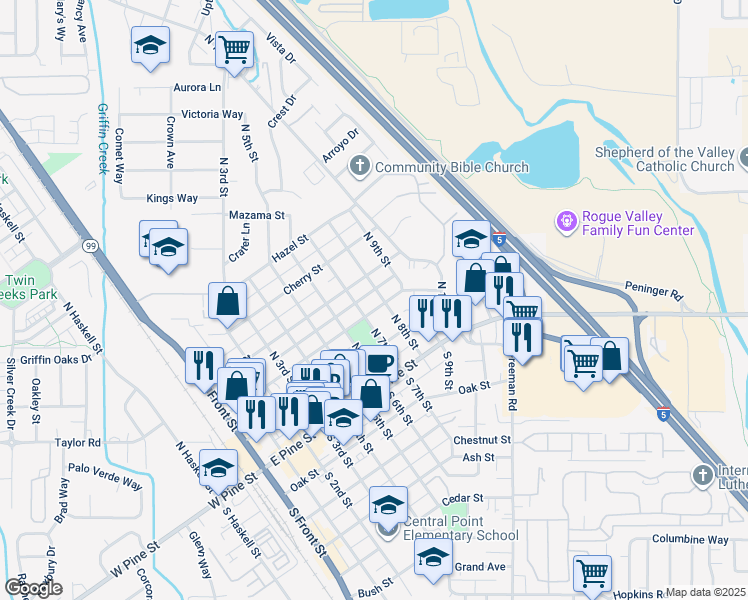 map of restaurants, bars, coffee shops, grocery stores, and more near 226 North 8th Street in Central Point