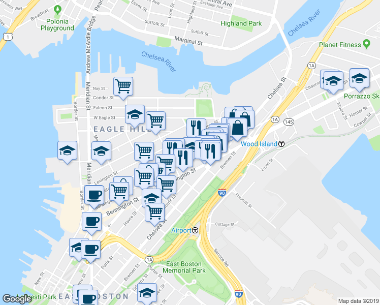 map of restaurants, bars, coffee shops, grocery stores, and more near 242 Princeton Street in Boston