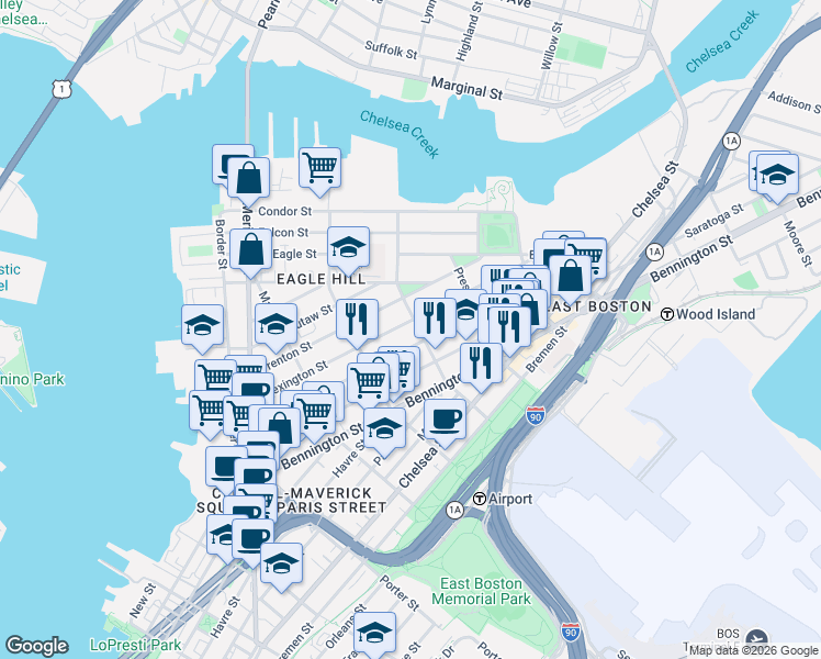 map of restaurants, bars, coffee shops, grocery stores, and more near 199 Lexington Street in Boston