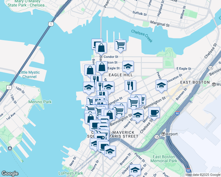 map of restaurants, bars, coffee shops, grocery stores, and more near 13 Monmouth Street in Boston