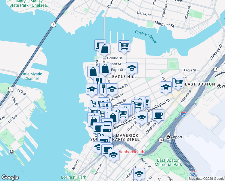 map of restaurants, bars, coffee shops, grocery stores, and more near 13 Monmouth Street in Boston