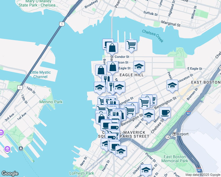 map of restaurants, bars, coffee shops, grocery stores, and more near 347 Border Street in Boston
