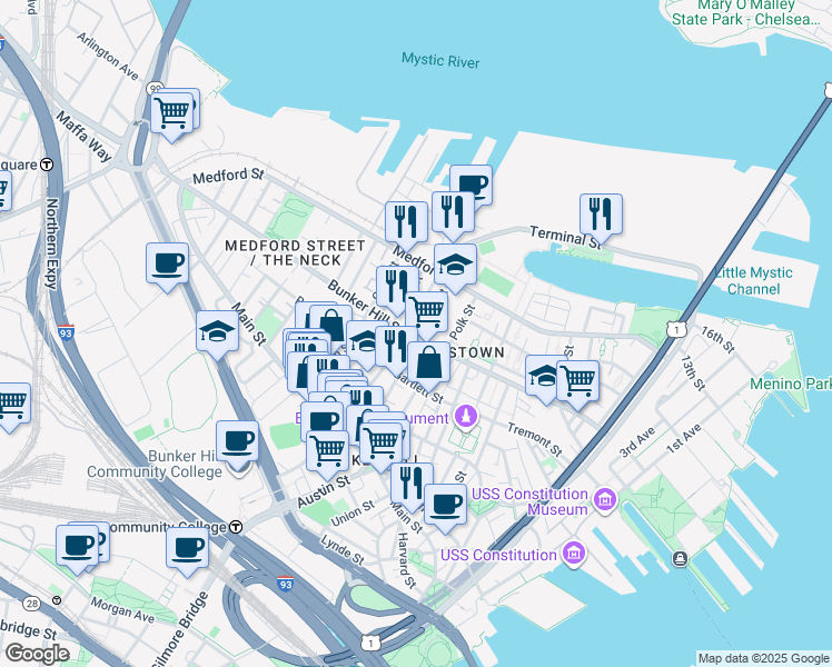 map of restaurants, bars, coffee shops, grocery stores, and more near 86 Elm Street in Boston