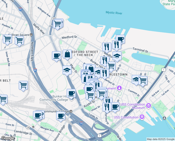 map of restaurants, bars, coffee shops, grocery stores, and more near 46 Walker Street in Boston
