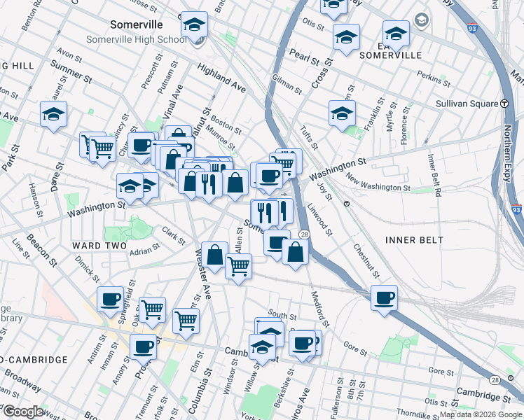 map of restaurants, bars, coffee shops, grocery stores, and more near in Somerville