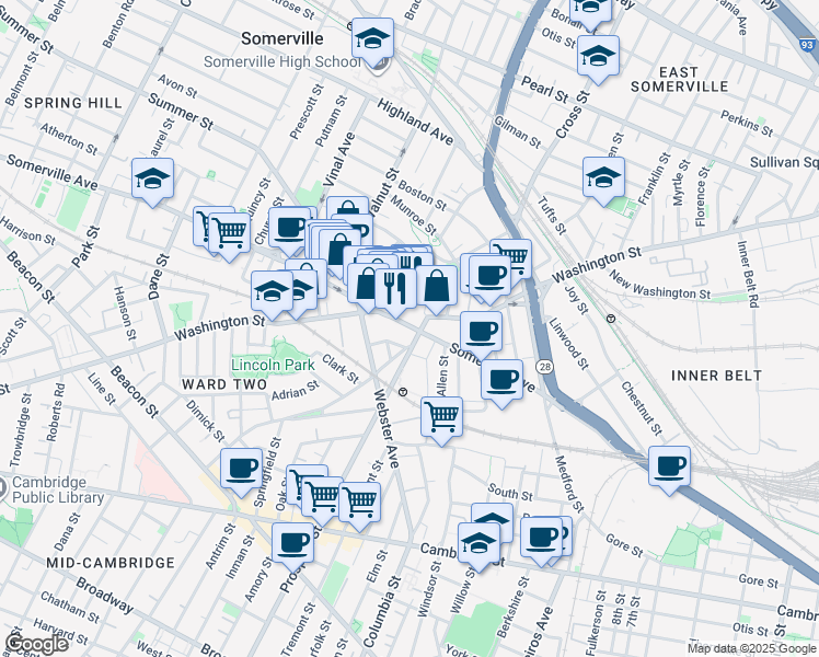 map of restaurants, bars, coffee shops, grocery stores, and more near 251 Washington Street in Somerville