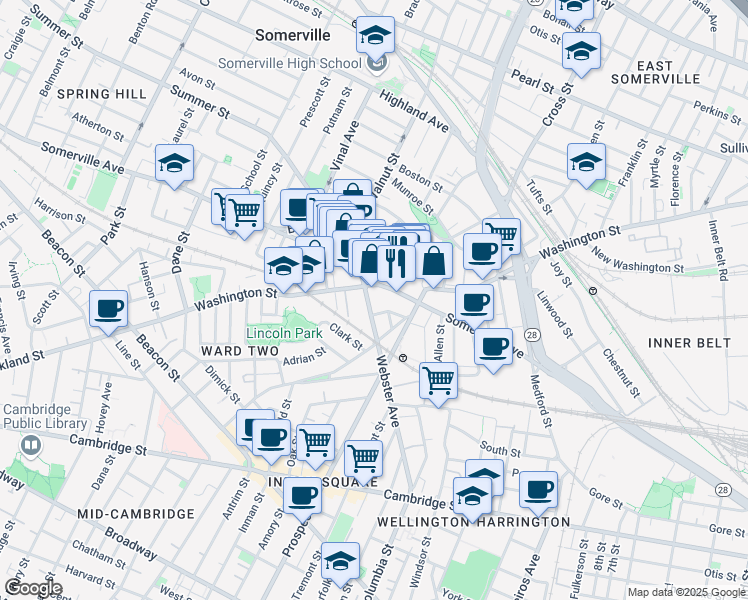 map of restaurants, bars, coffee shops, grocery stores, and more near 9 Union Square in Somerville