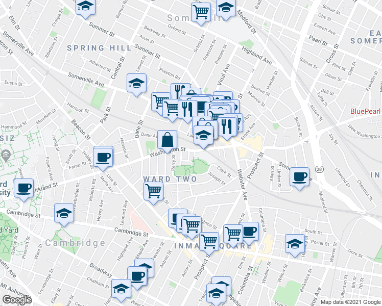 map of restaurants, bars, coffee shops, grocery stores, and more near 307 Washington Street in Somerville