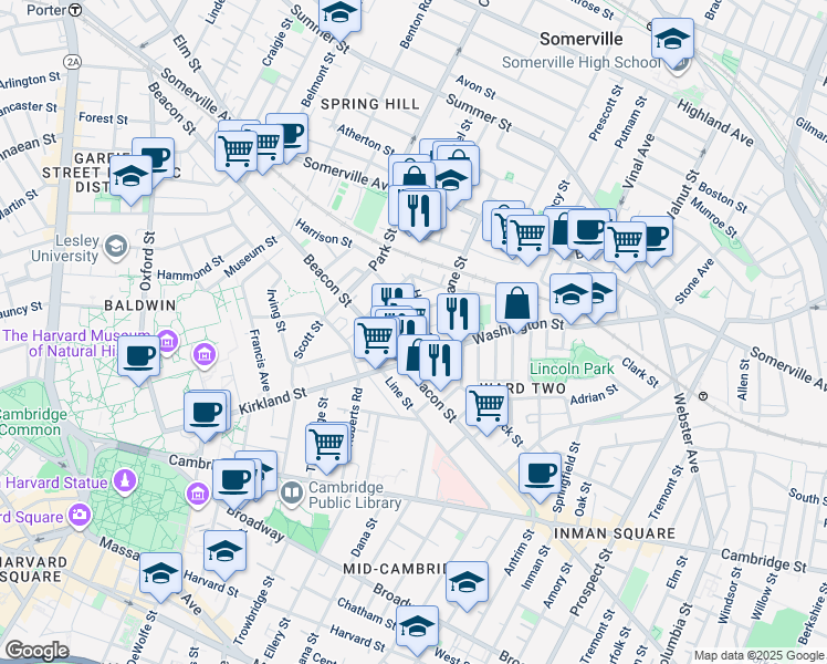 map of restaurants, bars, coffee shops, grocery stores, and more near 7 Durham Street in Somerville