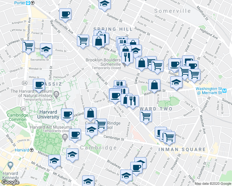 map of restaurants, bars, coffee shops, grocery stores, and more near 161 Beacon Street in Somerville