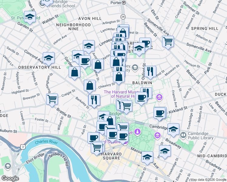 map of restaurants, bars, coffee shops, grocery stores, and more near 2 Chauncy Street in Cambridge