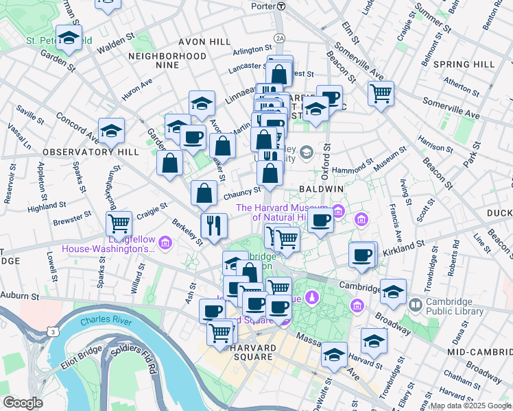 map of restaurants, bars, coffee shops, grocery stores, and more near 2 Chauncy Street in Cambridge