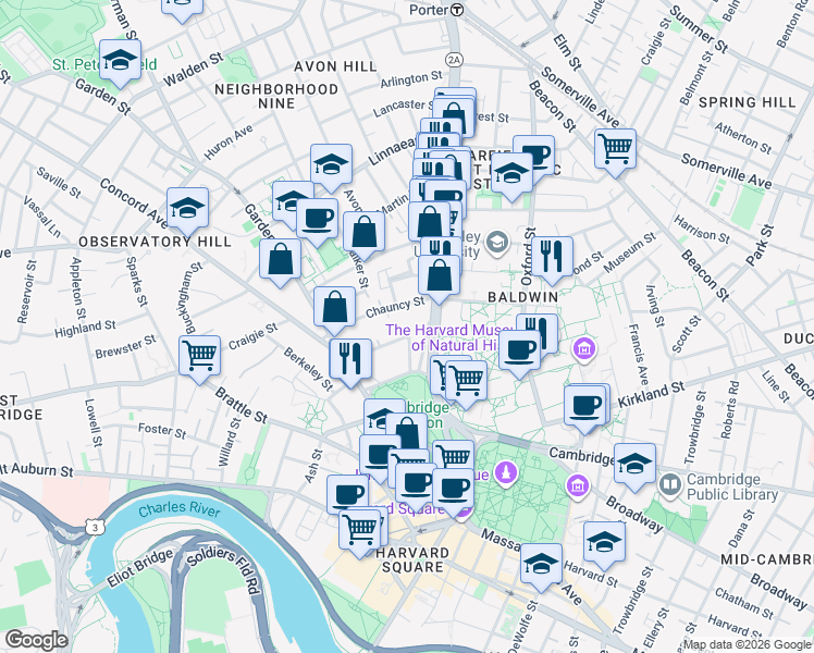 map of restaurants, bars, coffee shops, grocery stores, and more near 2 Chauncy Street in Cambridge