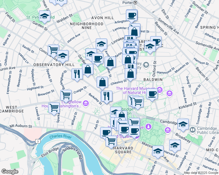 map of restaurants, bars, coffee shops, grocery stores, and more near 16 Chauncy Street in Cambridge