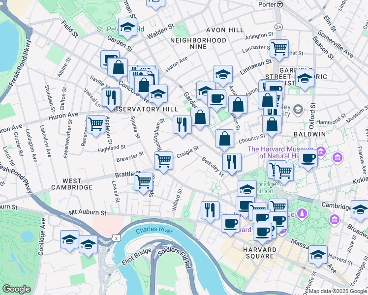 map of restaurants, bars, coffee shops, grocery stores, and more near 36 Concord Avenue in Cambridge