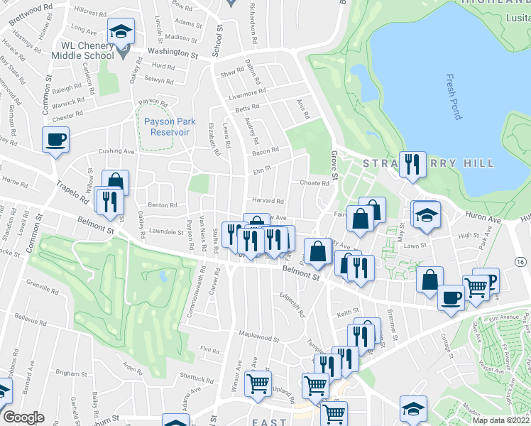 map of restaurants, bars, coffee shops, grocery stores, and more near 35 Harvard Road in Belmont