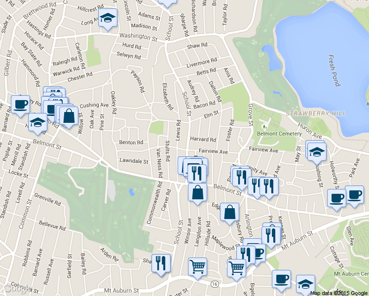 map of restaurants, bars, coffee shops, grocery stores, and more near 540 School Street in Belmont