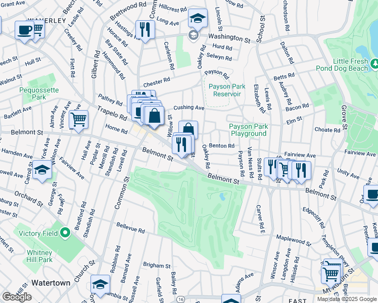map of restaurants, bars, coffee shops, grocery stores, and more near 35 Pine Street in Belmont