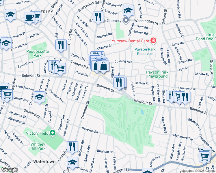 map of restaurants, bars, coffee shops, grocery stores, and more near 48 Trapelo Road in Belmont