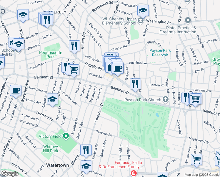 map of restaurants, bars, coffee shops, grocery stores, and more near 535 Belmont Street in Belmont